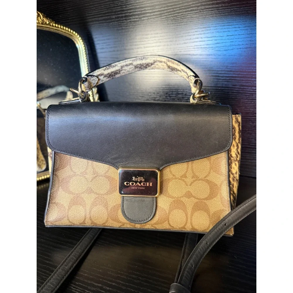 Coach Pepper Messenger Bag and Wallet Set Signature Canvas Snakeskin Brown Black